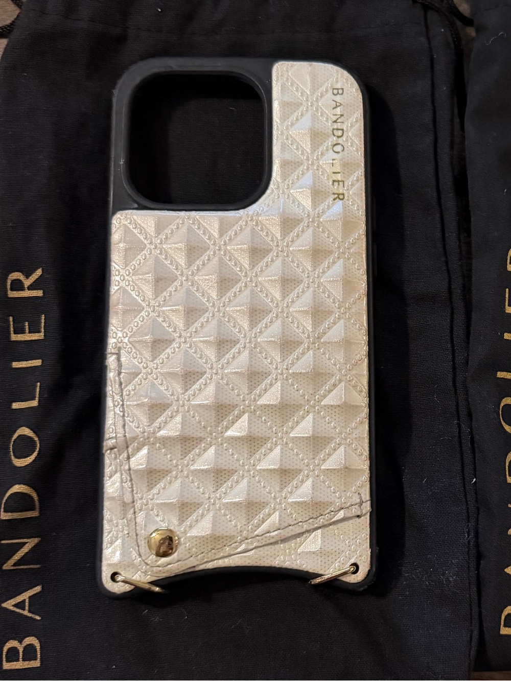 Bandolier Dual Leather Card Wallet IPhone 16 Pro Phone Case in White and Gold